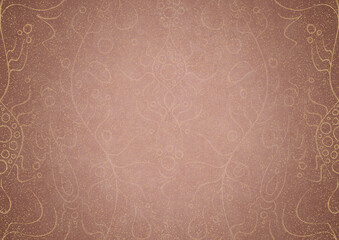 Hand-drawn abstract ornament. Light semi transparent pale pink and golden splatter on a pale pink back, with vignette of same pattern in gold on a darker color. Paper texture. A4. (pattern: p13-1a)