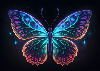 Symmetrical Glowing Butterfly with Intricate Patterns on Dark Background