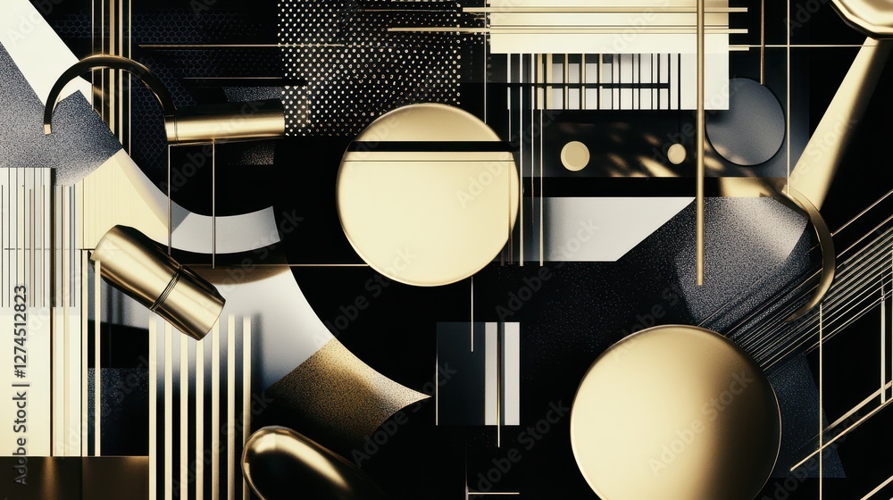 Poster abstract geometric composition featuring black and gold shapes with patterns and textures suitable f