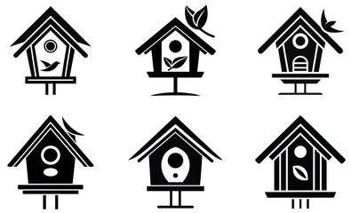 This image features a set of six stylized birdhouse icons.