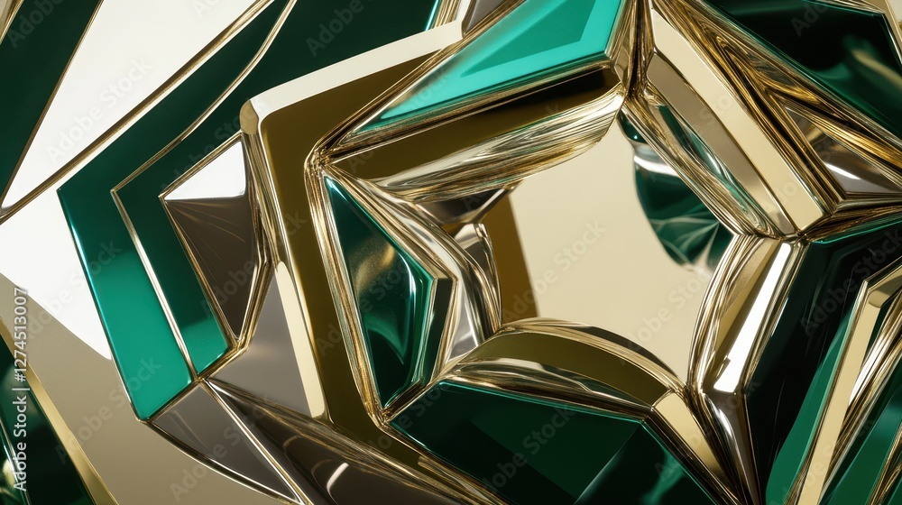 Poster abstract geometric composition with reflective surfaces and intricate patterns in gold and green ton