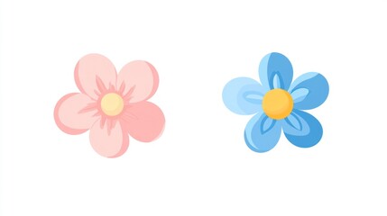 Two cartoon flowers, pink and blue, on white background. Possible use Children's book illustration
