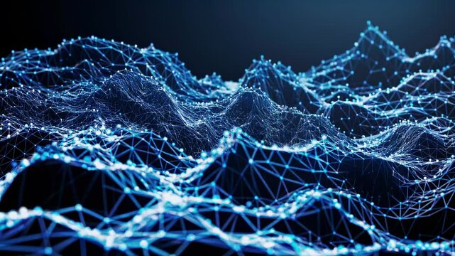 A low-angle view of a digital landscape with interconnected nodes and lines, resembling a futuristic network, ideal for a tech-themed video.