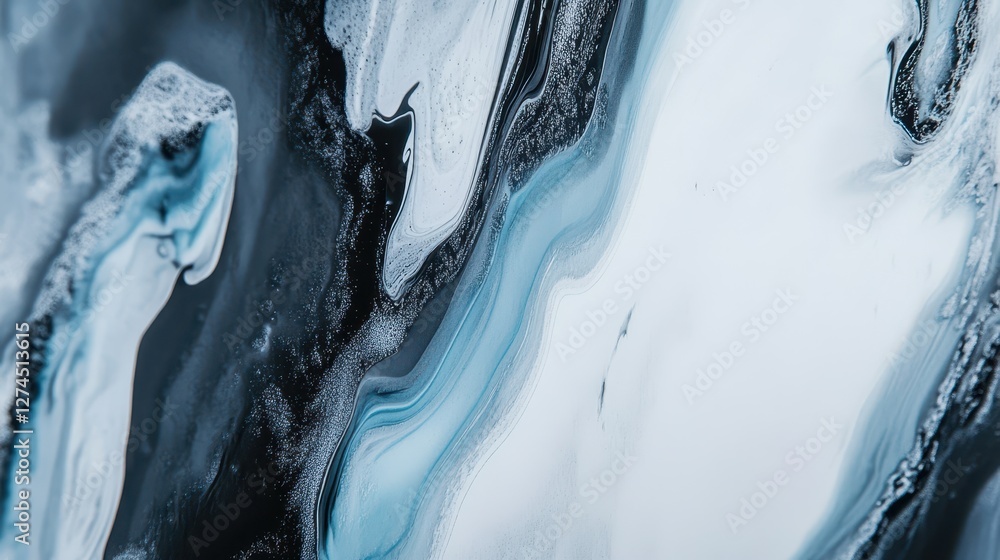 Poster abstract fluid art pattern featuring swirls and waves of blue and black hues, creating a modern and 
