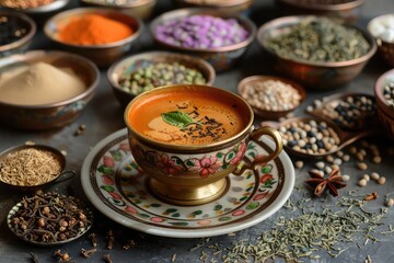arrangement of masala tea in a decorative tea cup