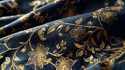 Close-up of luxurious fabric featuring intricate gold floral embroidery on a dark background.