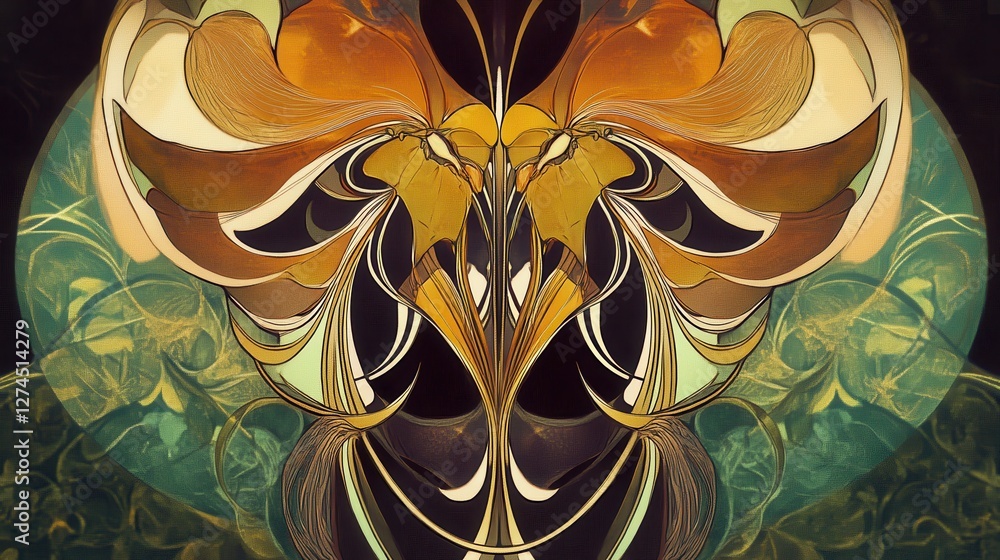 Poster abstract floral design with intricate patterns and rich colors, blending nature and art in a symmetr