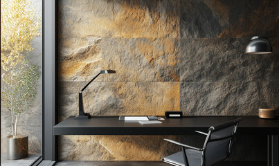 Chic small black desk against a high-end stone wall creating an elegant workspace atmosphere