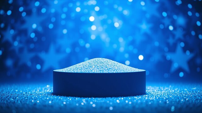 A solitary mound of shimmering blue sand against a starry, mesmerizing backdrop.