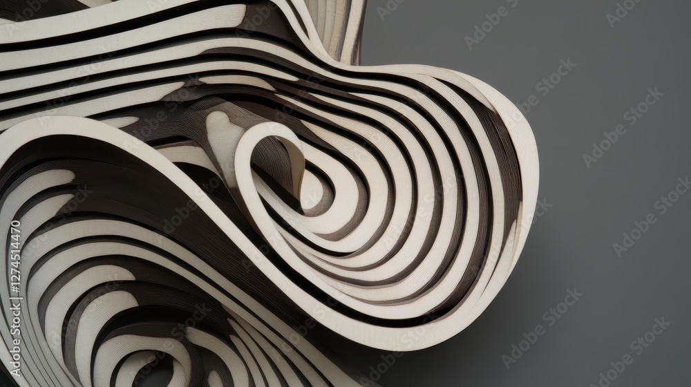 Poster abstract artistic design with curvy wood layers and intricate patterns in elegant neutral tones