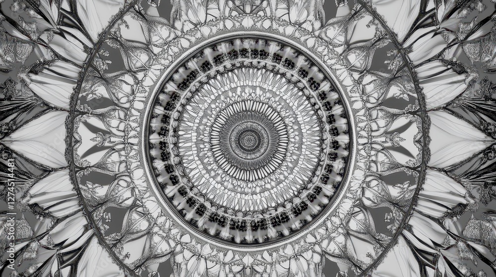 Poster intricate circular pattern in monochrome with floral elements and geometric design details radiating