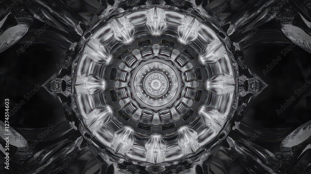 Poster abstract symmetrical design with intricate geometric patterns, resembling a kaleidoscope effect, fea