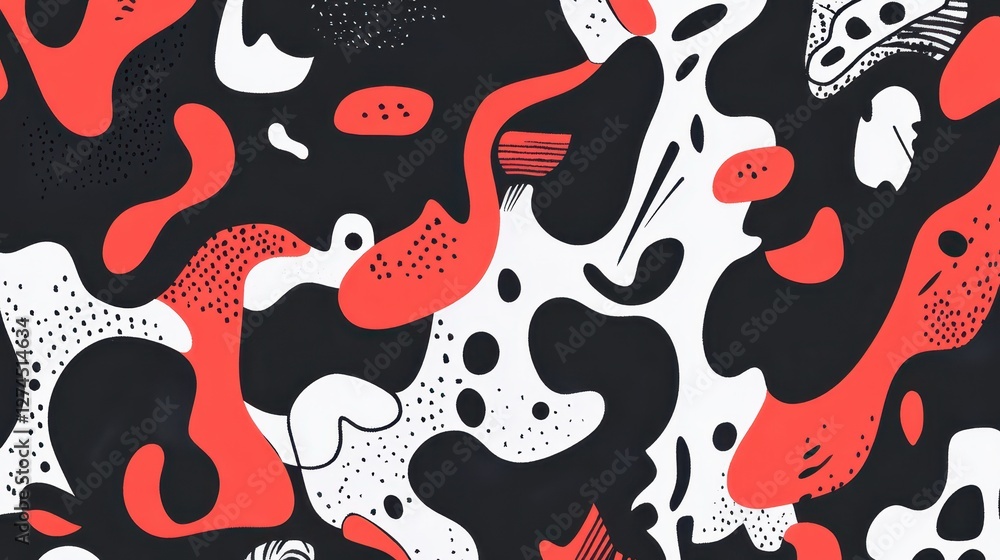 Poster abstract pattern design featuring bold red and black shapes accentuated by white and grey dots on a 