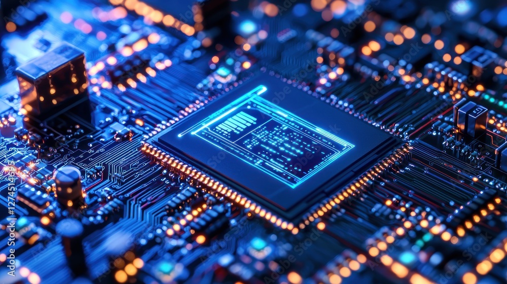 Poster the glowing core: a close-up of a modern microchip's intricate design