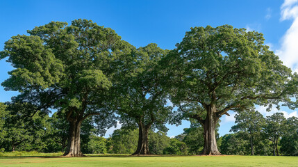 Obraz premium Tall oak trees in a park viewed from below, highlighting their thick, leafy canopies