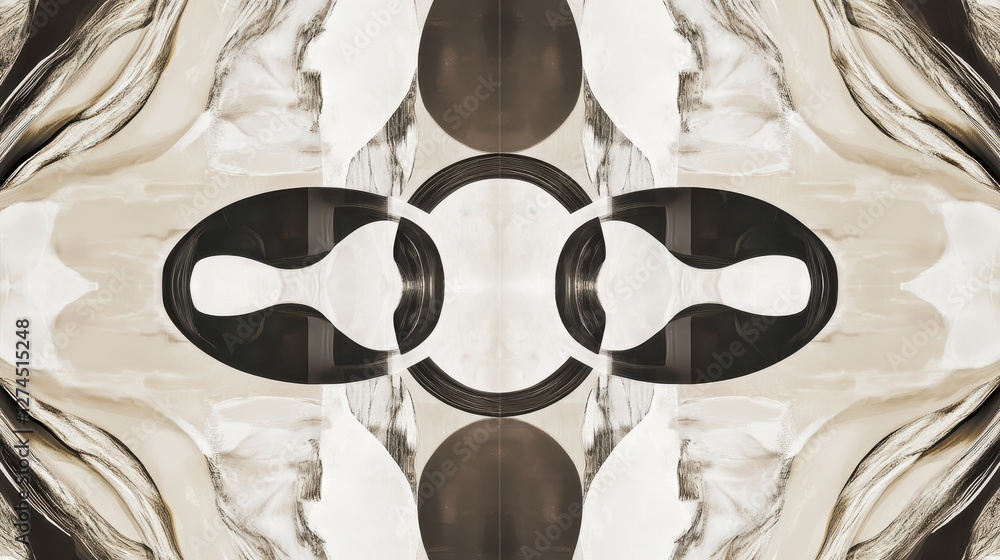 Poster abstract symmetrical design featuring smooth shapes and flowing textures in neutral tones and contra
