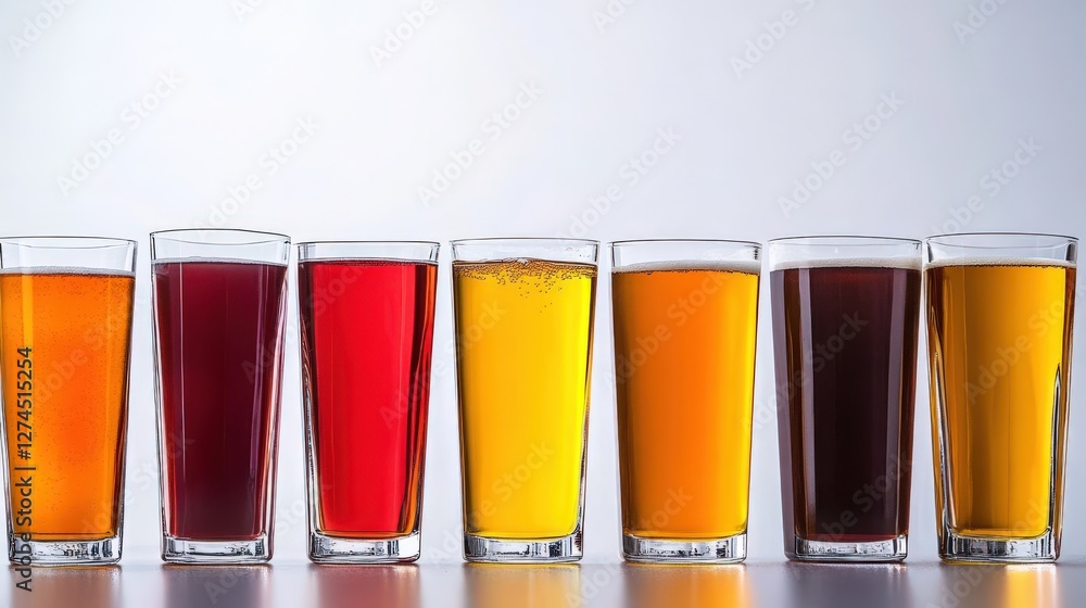 Poster a vibrant display of various colorful drinks in clear glasses arranged in a row against a light back