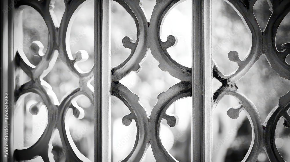 Poster intricate black and white design of decorative window grilles with nature view in background capture