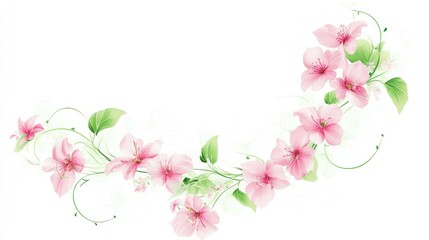 Pink floral garland design, spring blossoms, white background, wedding invitation