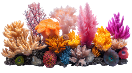 Vibrant Coral Reef Underwater Aquarium Scene, Pink and Blue Fish for Ocean Themes, isolated on transparent background.