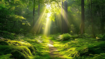 Obraz premium Sun-dappled forest path from below with green ferns and moss creating a tranquil atmosphere