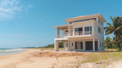 Modern beach house under clear blue sky by ocean