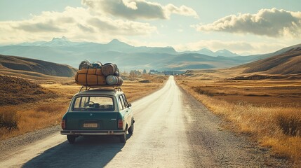 * Road trips with packed cars heading toward adventure.