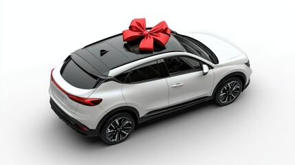 Sleek car with a large red bow, festive surprise gift