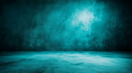 Dark moody turquoise studio background with textured fog effect perfect for dramatic presentations, photography backdrops, and cinematic design. Copy space