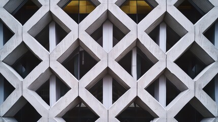 Intricate Geometric Concrete Facade Featuring Diamond Shapes and Symmetrical Patterns of Modern Architecture in Urban Environment