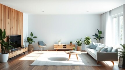 Fototapeta premium Modern Living Room Design with Light Sofa and Wood Accents