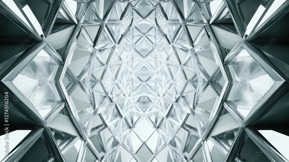 Poster intricate geometric pattern of glass panels reflecting light, creating a stunning symmetry and depth