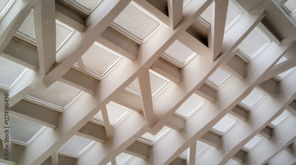 Poster modern architectural design with geometric wooden beams and skylights creating a visually appealing 