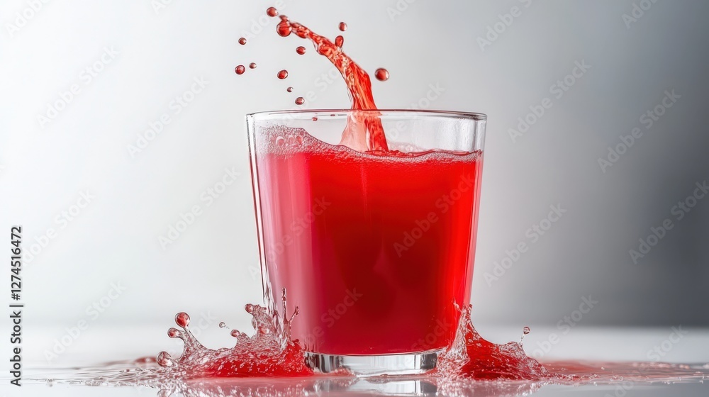 Poster vibrant red liquid splashing from a glass, creating dynamic motion against a soft background