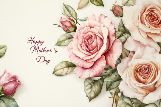 Delicate Watercolor Roses Mothers Day Card Design for Personalization