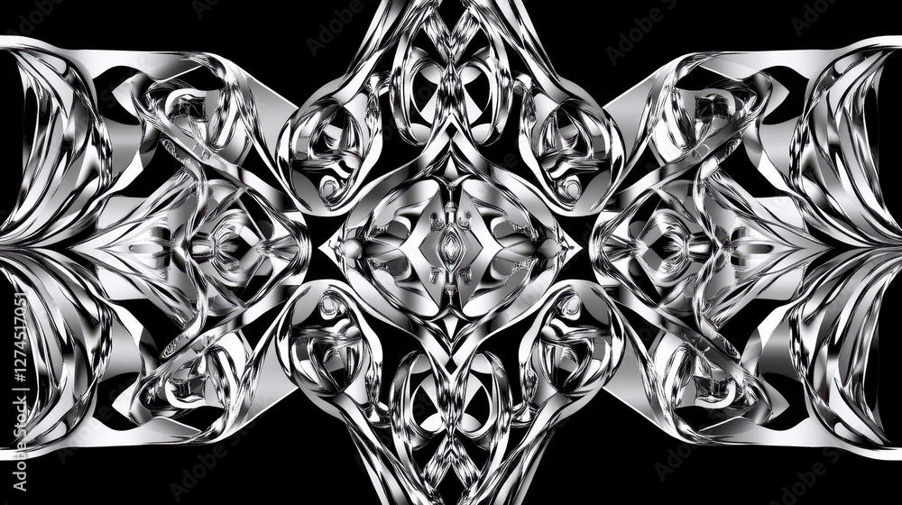 Poster intricate metallic pattern with fluid, organic shapes on black background, reflecting light and crea