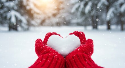 Fototapeta premium Winter Love: Snow Heart in Red Gloves - Close-up of hands in red knitted gloves holding a heart-shaped snowball in a snowy winter landscape