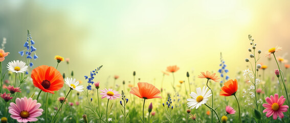 Fototapeta premium A lush summer meadow filled with vibrant wildflowers, including red poppies, white daisies, and blue larkspur against a sunlit background. Perfect for summer seasonal ads, greeting cards, wellness bl