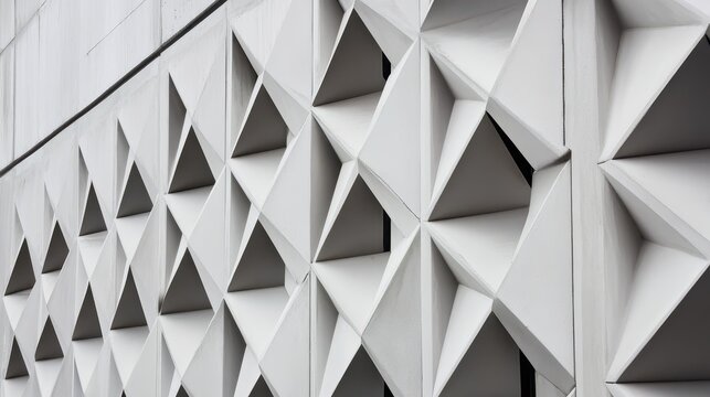 Modern architectural design featuring geometric white patterns on urban building facade with triangular shapes creating visual texture and depth