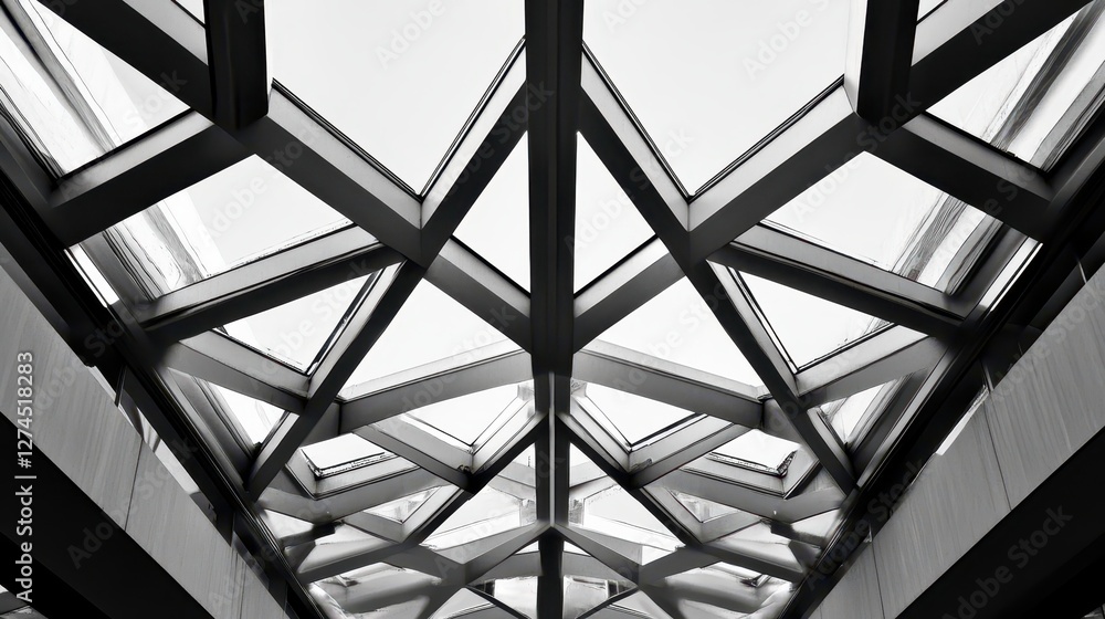 Poster intricate architectural design with glass and metal structure, featuring geometric patterns and mode