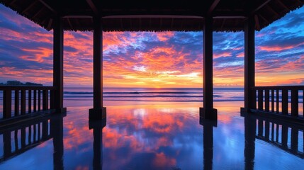 Vibrant Sunset Reflected In Ocean Water Gazebo View