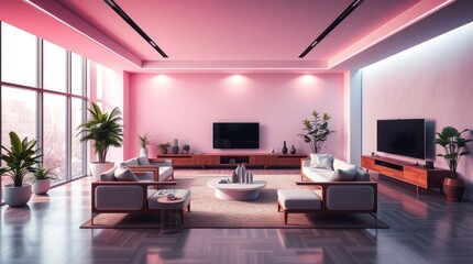 Modern Pink Living Room Design with Mid Century Furniture