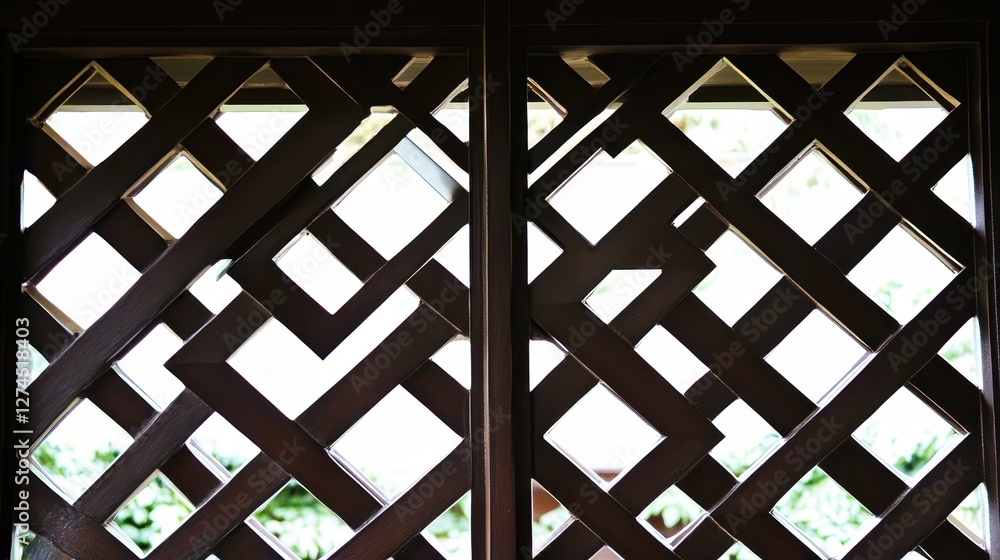 Aufkleber intricate geometric lattice design of an open wooden door showcasing natural light filtering through