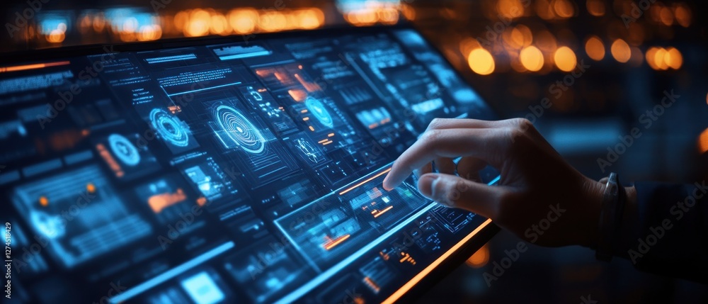 Poster user interacting with futuristic touchscreen display