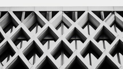 Geometric Design of Modern Building Facade Featuring Intricate Diamond Patterns and Symmetrical Architecture Elements in Monochrome Color Scheme