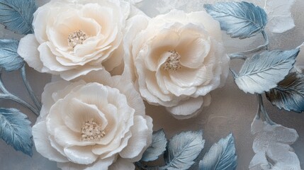 Frosty white roses with soft blue metallic leaves, sculpted in a serene, high-fashion floral composition.