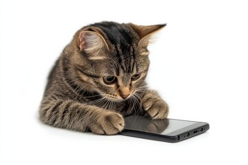 Curious cat interacts with smartphone, showcasing modern feline curiosity and playful engagement isolated on transparent background