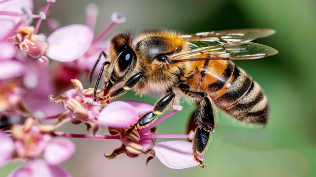 female bee Halictus sp pollinating and feeding on yellow yarrow flowers.