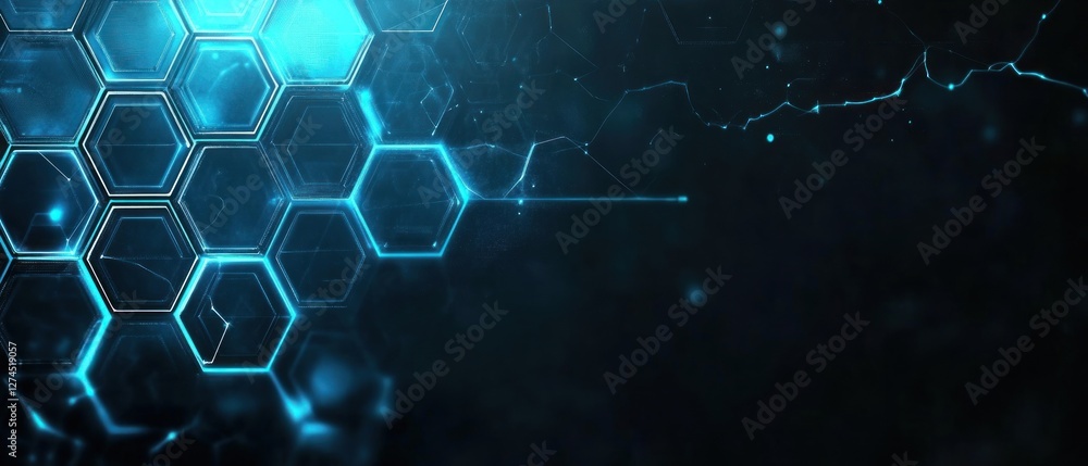 Poster abstract blue hexagonal pattern with glowing edges, set against a dark background, ideal for technol