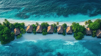 Tropical Island Paradise: Aerial view of a stunning tropical island with quaint houses, offering a serene escape surrounded by turquoise ocean, a true haven for relaxation.